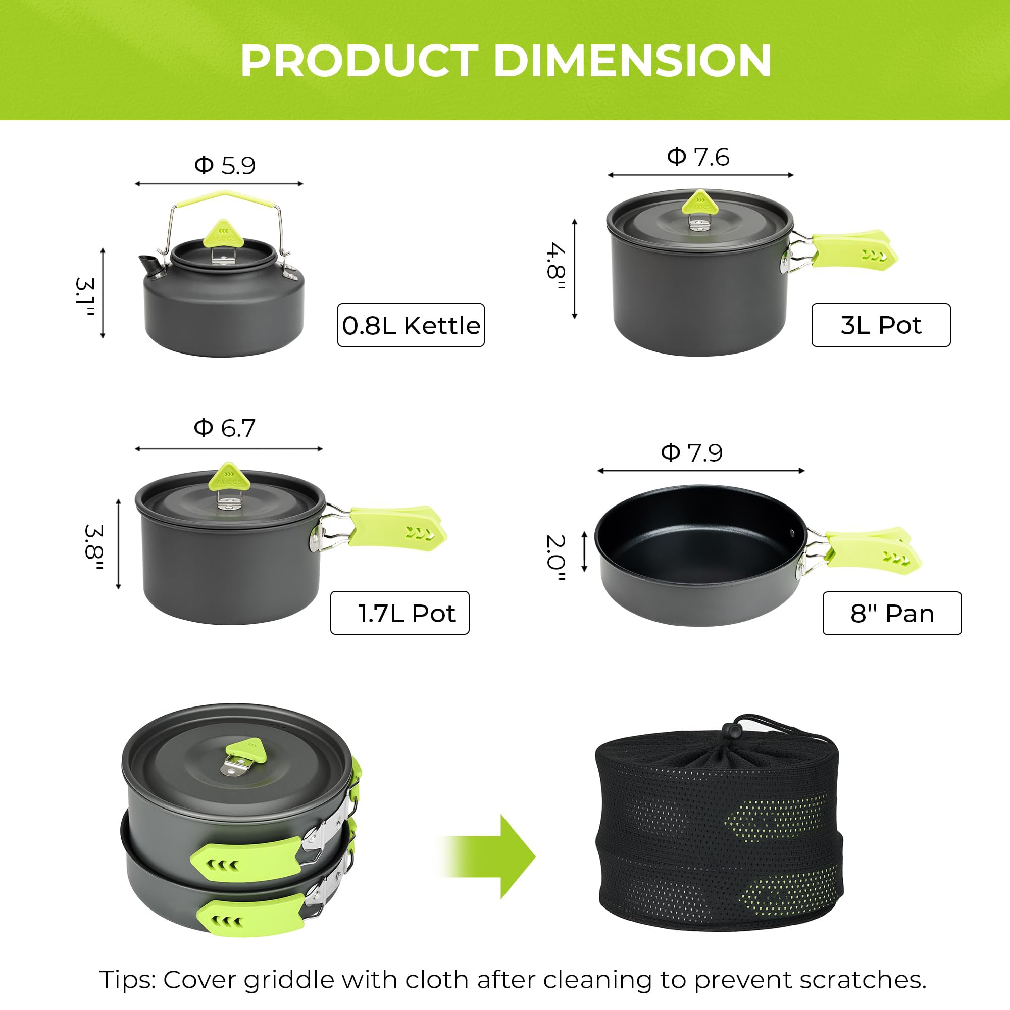 4 Piece Lightweight Aluminum Camping Cookware Set with Kettle for 2 to 4 People
